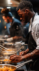 African American chef cooking, fancy dining room setup