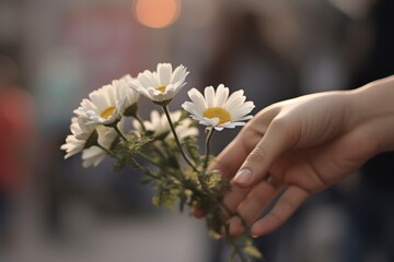 delicate hand holds out a small bouquet of fresh daisies, symbolizing a sincere offering of friendship and care, blurred city street background