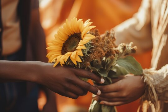 In A Tender Exchange, An African American Woman Hand Passes A Radiant Bouquet Of Sunflowers, Symbolizing Warmth And Camaraderie