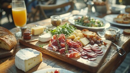 Sunlit cafe tables feature artfully arranged breakfast boards with artisanal cheeses