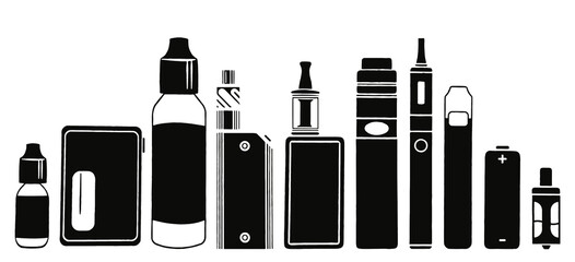 collection d'illustrations de cigarettes électroniques et liquides dans un style pictogramme détouré en noir et blanc