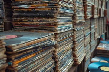 Stack of vintage old Records on Table.  