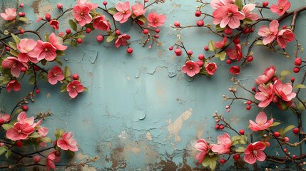 Pink flowers on a turquoise background in vintage style, blooming plants on a branch