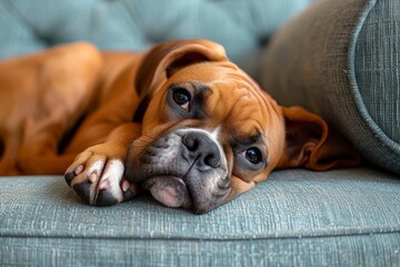 A contented bulldog of the nonsporting group lounges on a fawn-colored sofa, his snout resting peacefully on the armrest as he enjoys his indoor pet life - obrazy, fototapety, plakaty