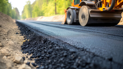Asphalt road roller presses new hot asphalt on roadway. Roadwork  - obrazy, fototapety, plakaty