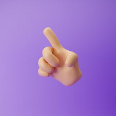 Cartoon emoji hand showing one finger or pointing gesture isolated over purple background. 3d rendering.