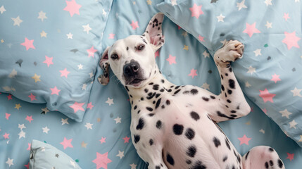 A Dalmatian dog on a bed lies on its back with its paws raised. Bed linen with stars. Funny, cute...