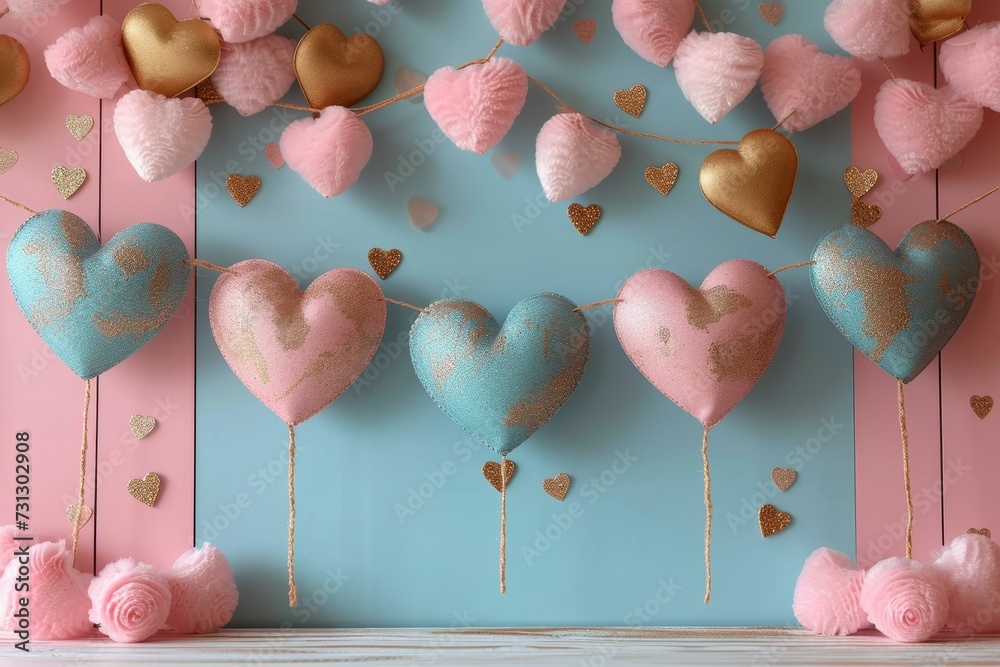 Poster pink and blue heart shaped lollipops hanging from a string.