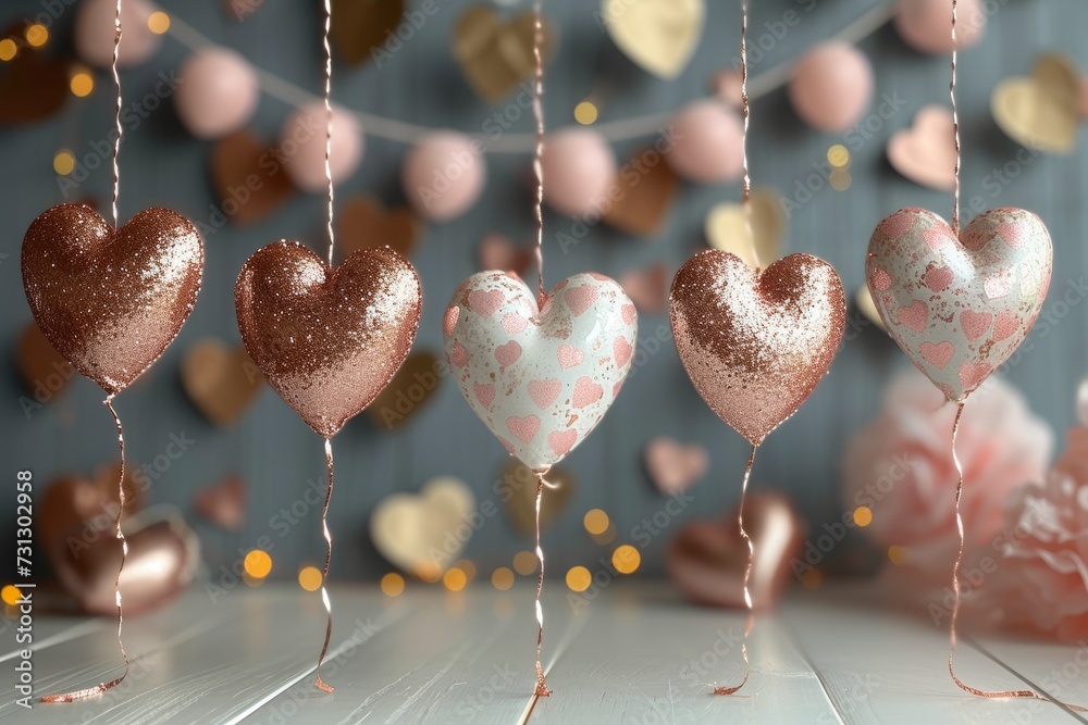 Poster hearts hanging from strings.