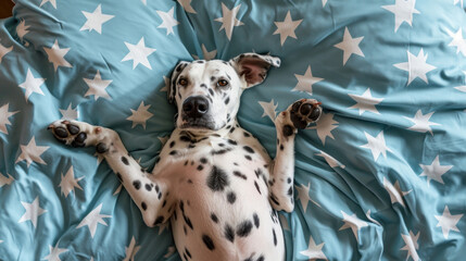 A Dalmatian dog on a bed lies on its back with its paws raised. Bed linen with stars. Funny, cute...