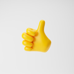 Yellow emoji hand showing thumb up or like gesture isolated over white background. 3d rendering.