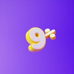 White nine percent or 9 % with yellow outline isolated over purple background. 3D rendering.