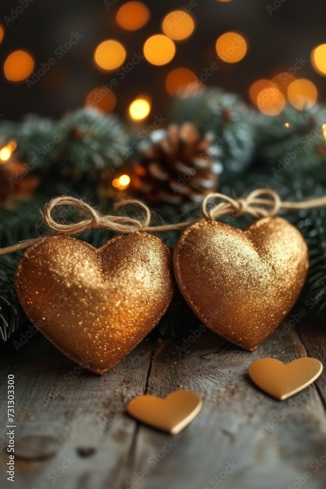 Poster two golden hearts hanging from a string next to pine cones.