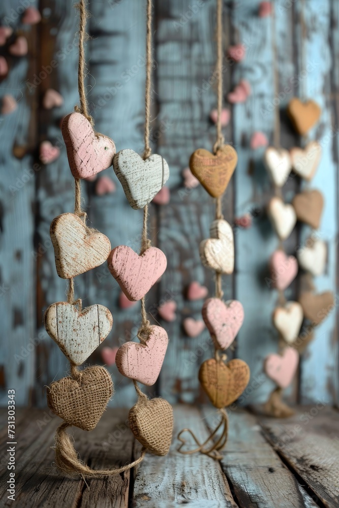 Poster group of hearts hanging from a string.