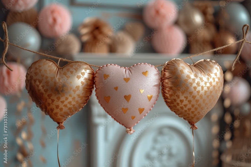 Poster three heart shaped balloons hanging from a string.