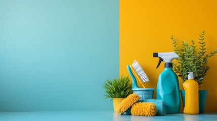 Simple backgrounds accented with cleaning tools, conveying simplicity and orderliness - obrazy, fototapety, plakaty