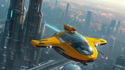 Yellow taxi takes flight among high-tech skyscrapers in the megapolis of tomorrow