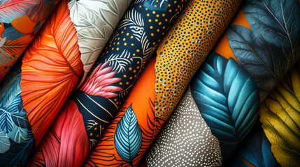 A collection of fabric rolls, each adorned with unique and intricate floral patterns. The fabrics exhibit a mix of floral and abstract designs, creating a visual feast of textures and hues
