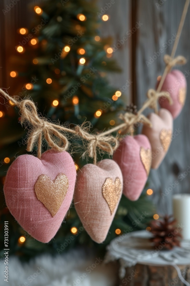 Poster string of pink hearts hanging from a christmas tree.