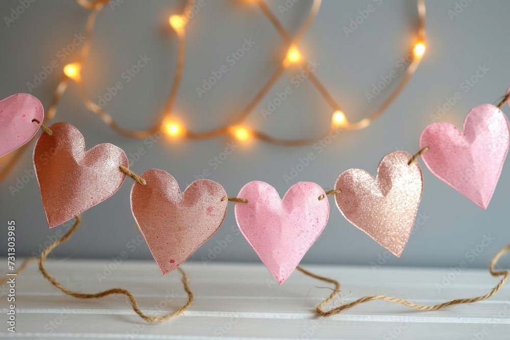 Poster pink hearts hanging from a string.