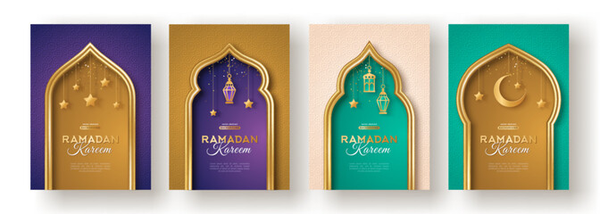 Ramadan Kareem concept poster set, gold 3d frame template, arab windows on color background, arabesque pattern. Vector illustration. Hanging golden arabian lanterns, moon and stars. Place for text. © kotoffei