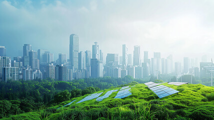 A breathtaking panoramic view of a futuristic, environmentally friendly metropolis boasting lush green spaces, towering wind turbines, and solar panel-clad buildings. This sustainable city e