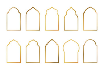 Set of gold flat arab windows frame silhouettes. Vector illustration. Ramadan Kareem labels for invitation card template. Arabic traditional architecture icons.