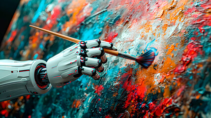 Artificial intelligence. The hand of a robot or android painting a canvas	 - obrazy, fototapety, plakaty