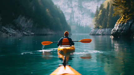 A fearless kayaker glides across the serene waters of a tranquil lake, embarking on an exhilarating adventure while reveling in the tranquility of nature's beauty. - obrazy, fototapety, plakaty