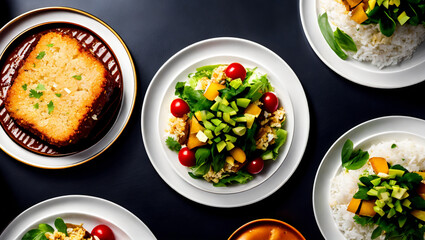 Variety of dishes with different types of food such as rice, sponge cake, salad with tomatoes and nuts.