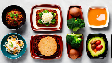 Variety of dishes with different types of food such as rice, broccoli, meat or vegetable sauce.