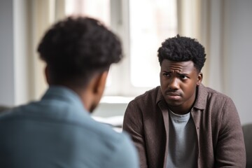 Two african american young men engaged in a serious conversation while dressed in casual clothing at home