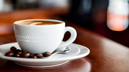 White plate, spoon and white cup of frothy coffee with milk accompanied by coffee beans placed on a dark wooden table.