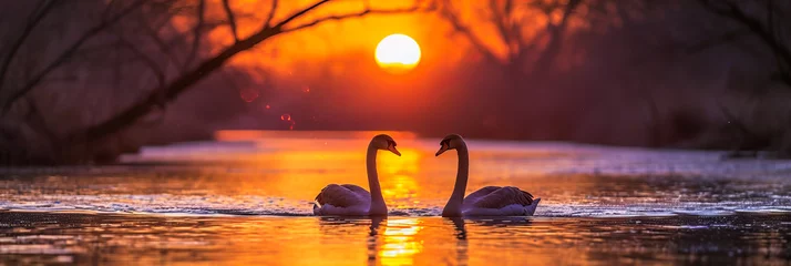 Foto op Plexiglas Sunset Reflections on the Lake. Swan on a Golden Pond © EwaStudio