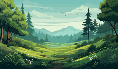Forrest landscape with grass, nature inspired eco vector illustration - obrazy, fototapety, plakaty