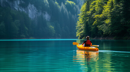 A lone adventurer explores the serenity of a tranquil lake, gliding effortlessly in a colorful kayak, surrounded by the breathtaking beauty of nature. The perfect blend of adventure and tran - obrazy, fototapety, plakaty