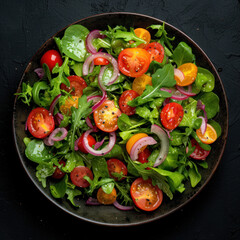 bright green salad with tomatoes and onions on a side plate