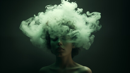 Portrait einer Frau mit grün beleuchtetem Rauch / Nebel um den Kopf vor dunklem Hintergrund. Illustration