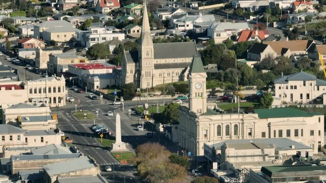 Aerial: Buildings in Downtown Oamaru, Otago, New Zealand.