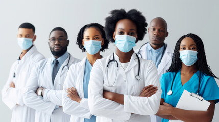 Fototapeta premium group of healthcare professionals in scrubs and protective masks are standing confidently