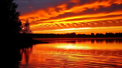 vibrant sunset over calm lake in warm orange tonation