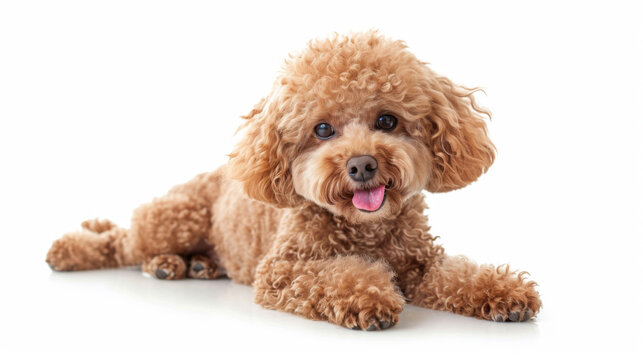 adorable tan poodle with a fluffy coat sitting and looking to the side with its tongue out