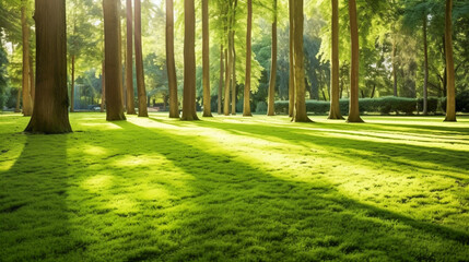 Obraz premium A Green Park Bathed in Morning Sunshine. Summer Splendor in the Heart of the Forest