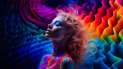 A Psychedelic Portrait. Surrealism Unveiled.  Thin Lines and Neon Lights - obrazy, fototapety, plakaty