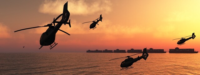 Aerial Convoy: Helicopters Flanking the Marine Path of Cargo Vessels at Dusk