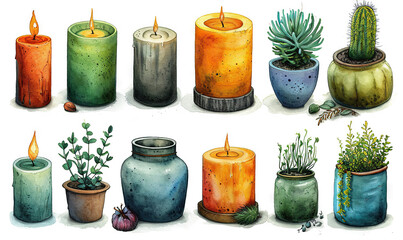 candles illustrations watercolor isolated for stickers, relax decorations