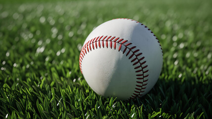A close-up shot of a plain baseball resting on lush green grass, capturing the intricate texture of the ball's stitching and inviting customization with logos or designs. Perfect for showcas