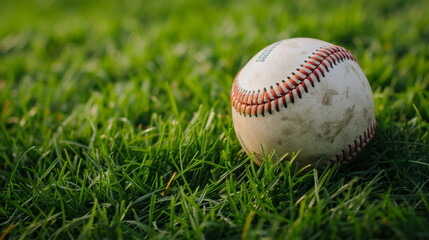 A close-up shot of a plain baseball resting on lush green grass, capturing the intricate texture of the ball's stitching and inviting customization with logos or designs. Perfect for showcas