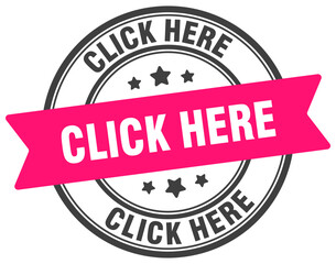 click here stamp. click here label on transparent background. round sign