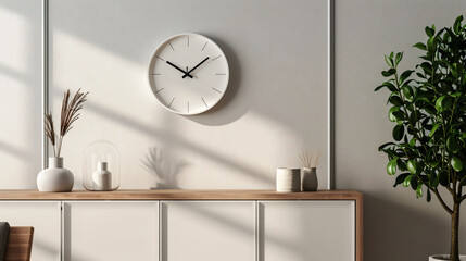 A sleek and minimalistic wall clock mockup designed for home decor concepts. The neutral color palette and clean lines make it a perfect addition to any living room. With its ideal size, thi